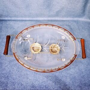 VTG Mid-Century Modern Inland Glass Meat Platter & Warming Stand Teak Handles